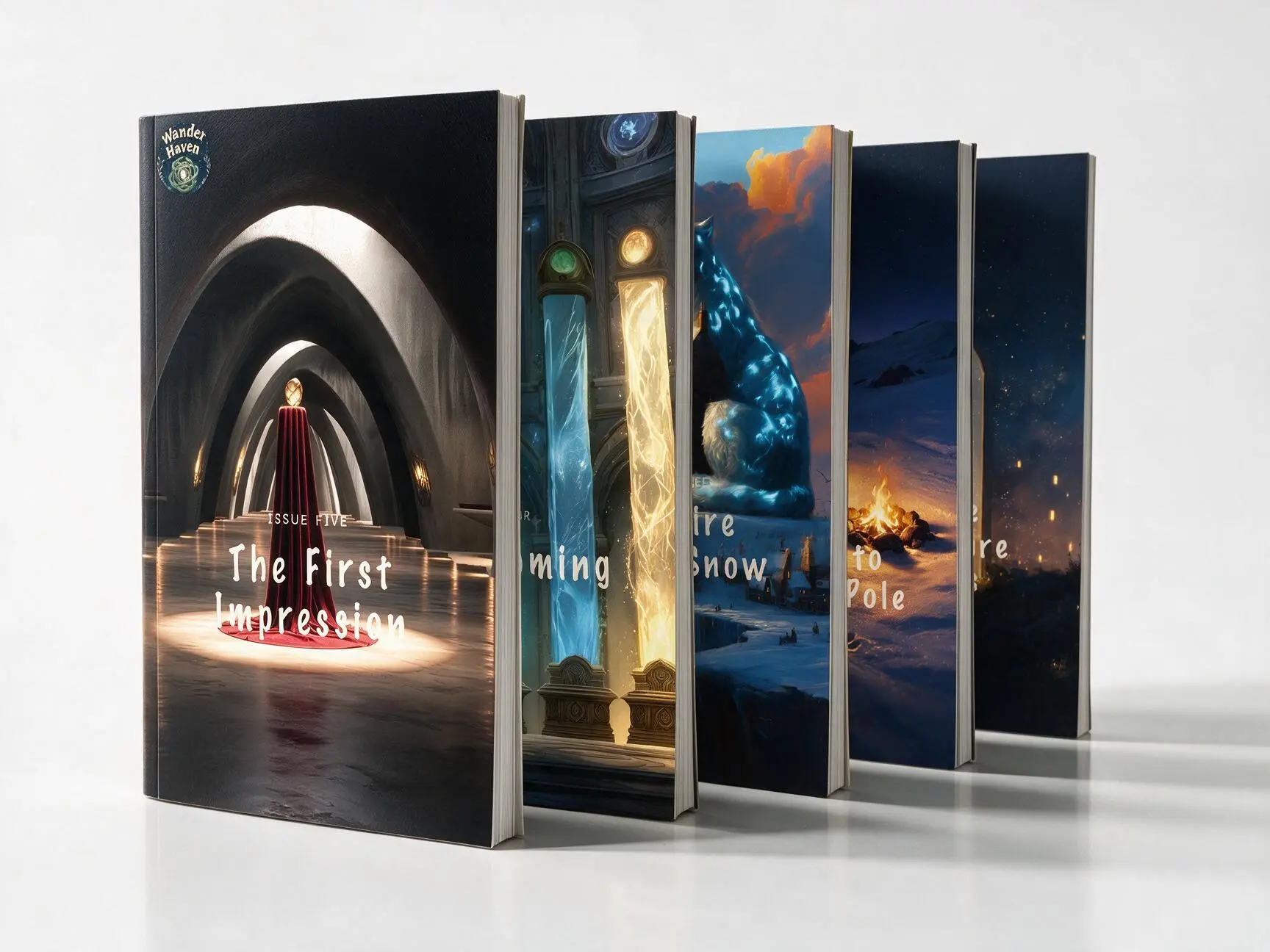 Five printed Wander Haven issues standing in a row, the nearest showing its cover: Issue Five, “The First Impression”.