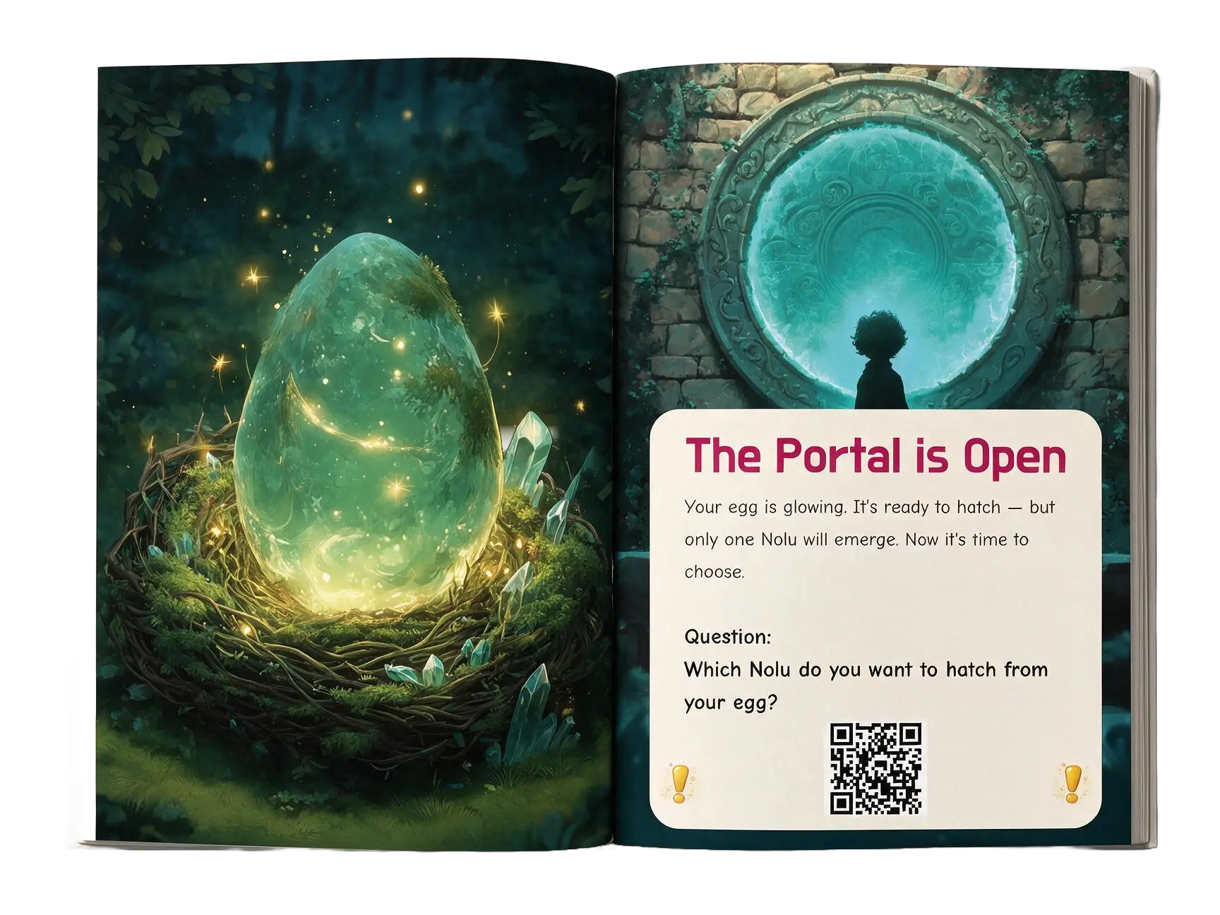 The printed book, open at a choice: the glowing egg across the left page, and on the right “The Portal is Open”, the question, and a QR code to scan.