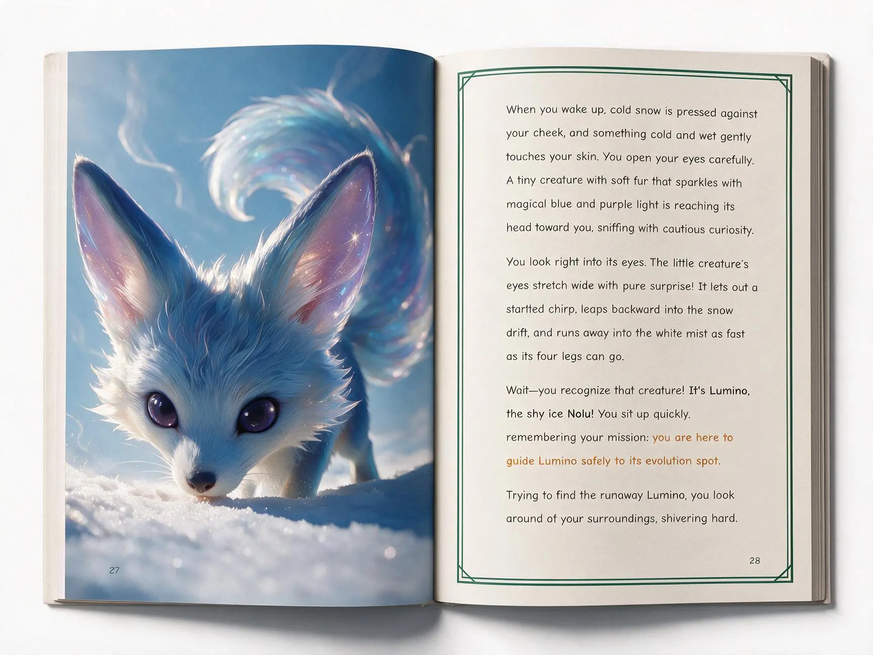 The printed book open at pages 27 and 28: a snow fox filling the left page, the story on the right.