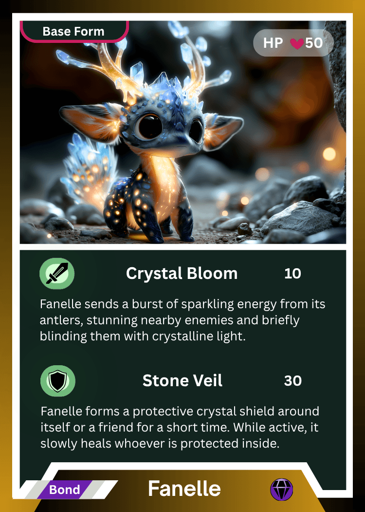 Fanelle's trading card: its portrait above, its two abilities below, and its name across the foot.
